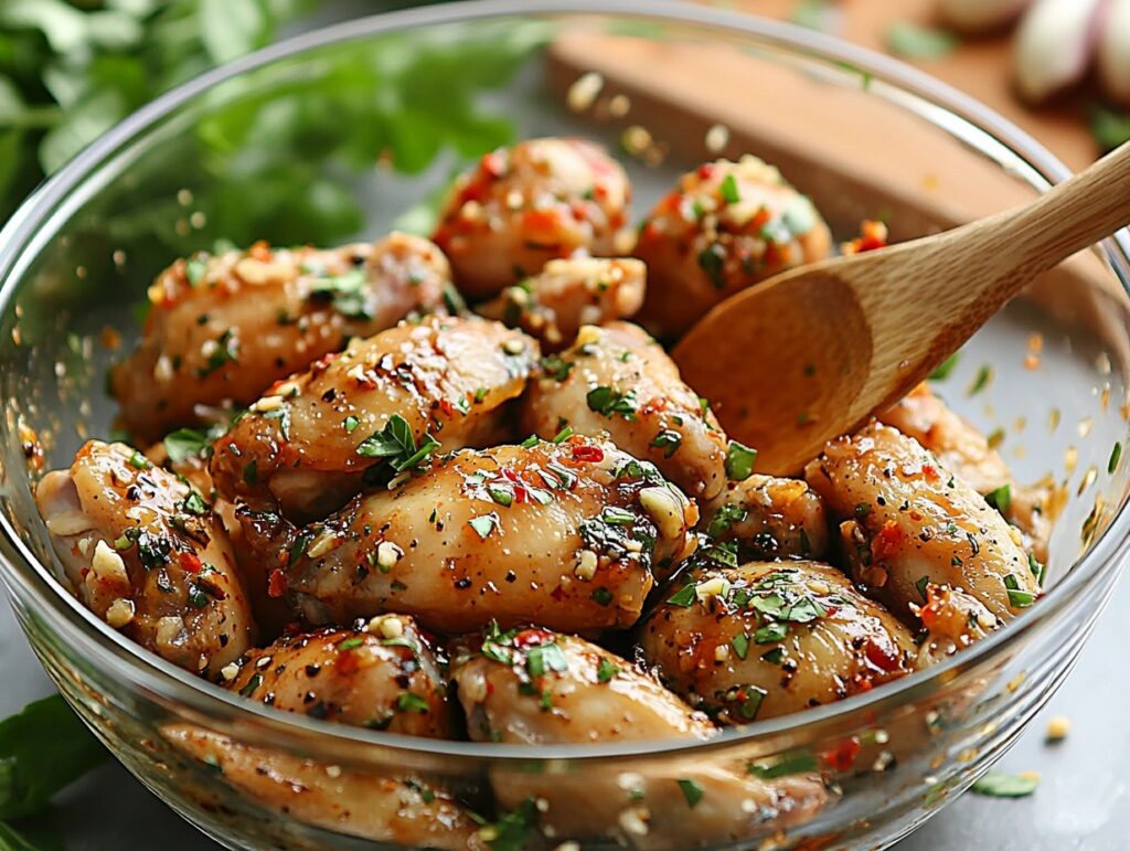 Chicken wings marinating in a flavorful spice mix.