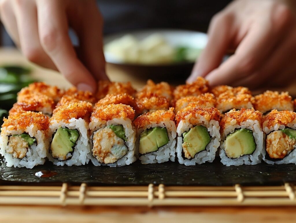 Rolling a homemade Chicken Tempura Roll on a bamboo mat