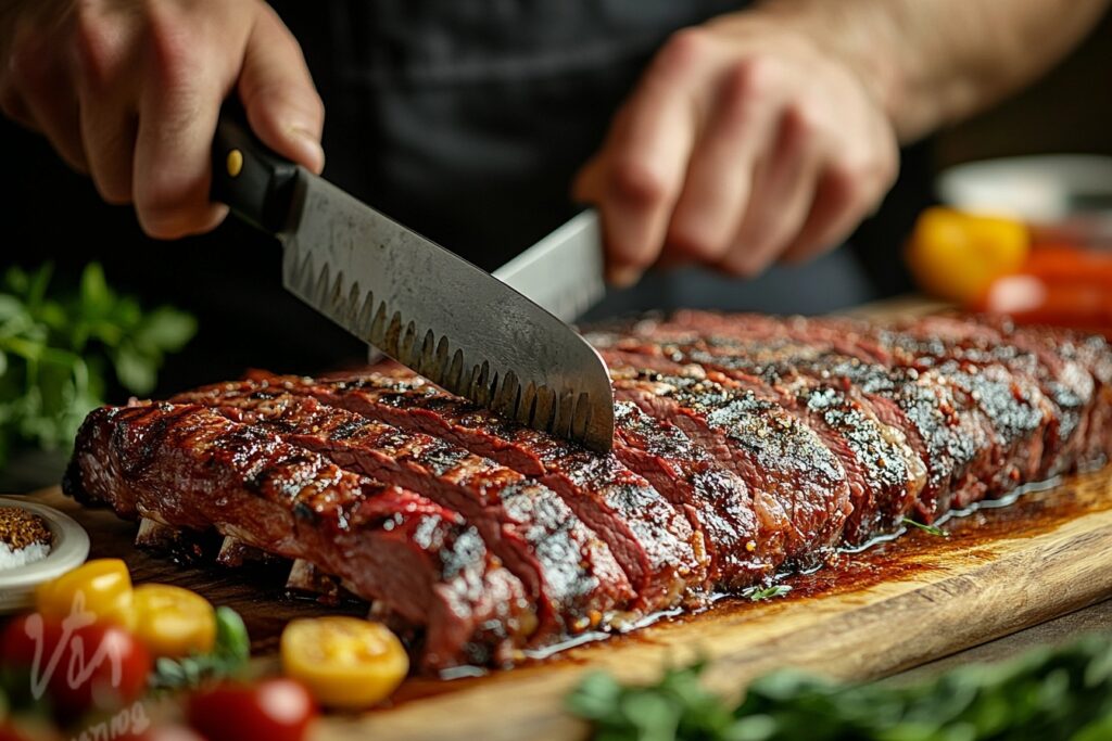 Trimming beef plate ribs before cooking.