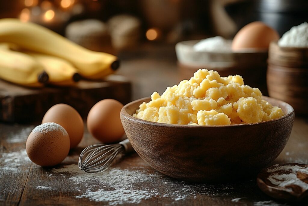 Key ingredients for making Joy’s Banana Bread, including mashed bananas, flour, and eggs.