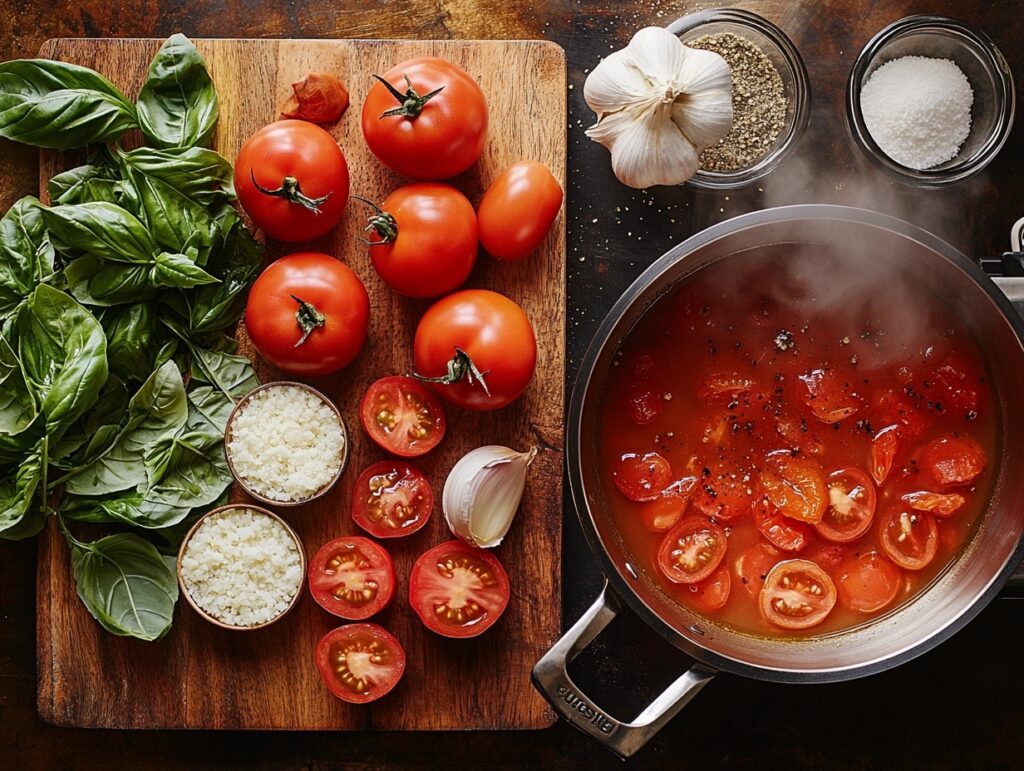 Fresh ingredients for making Mediterranean tomato soup.