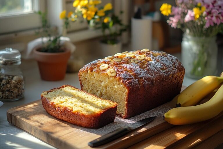 Freshly baked Joy’s Banana Bread loaf with a golden crust.