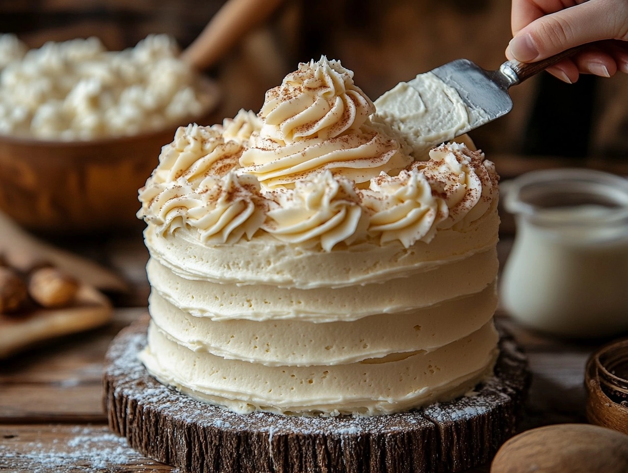 Fluffy whipped butter icing on a decorated cake.