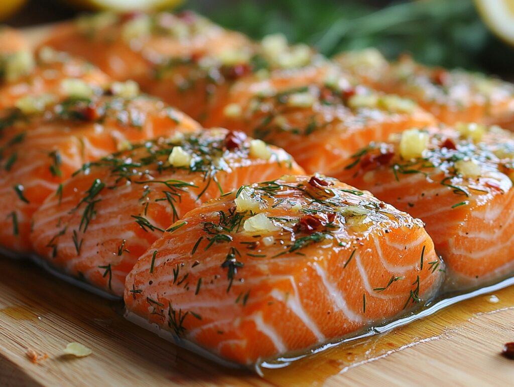 Sockeye salmon marinating in garlic and herb mixture