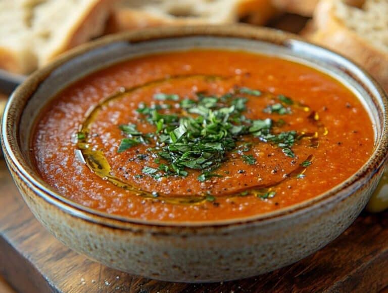 A bowl of Mediterranean tomato soup garnished with basil and olive oil.