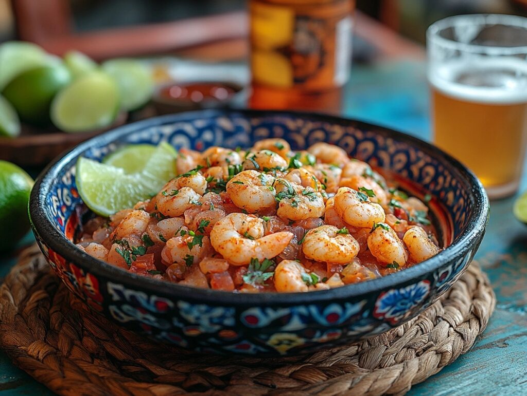 Shrimp ceviche served with agua fresca and a cold Mexican beer.