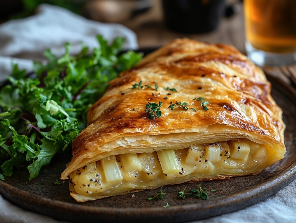  Leek pasty served with a fresh salad and a glass of cider.