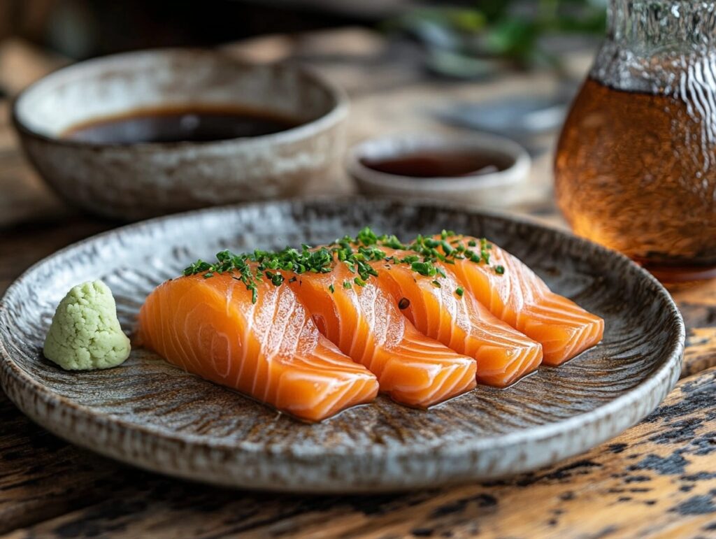  Sake sashimi paired with a carafe of chilled sake.