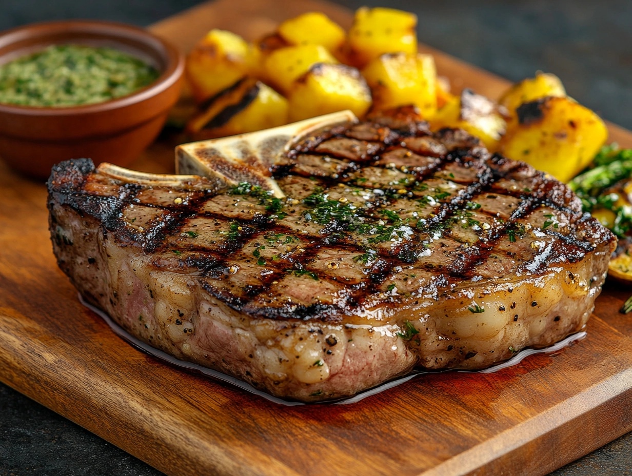 Juicy grilled T-bone beef steak with garlic herb butter