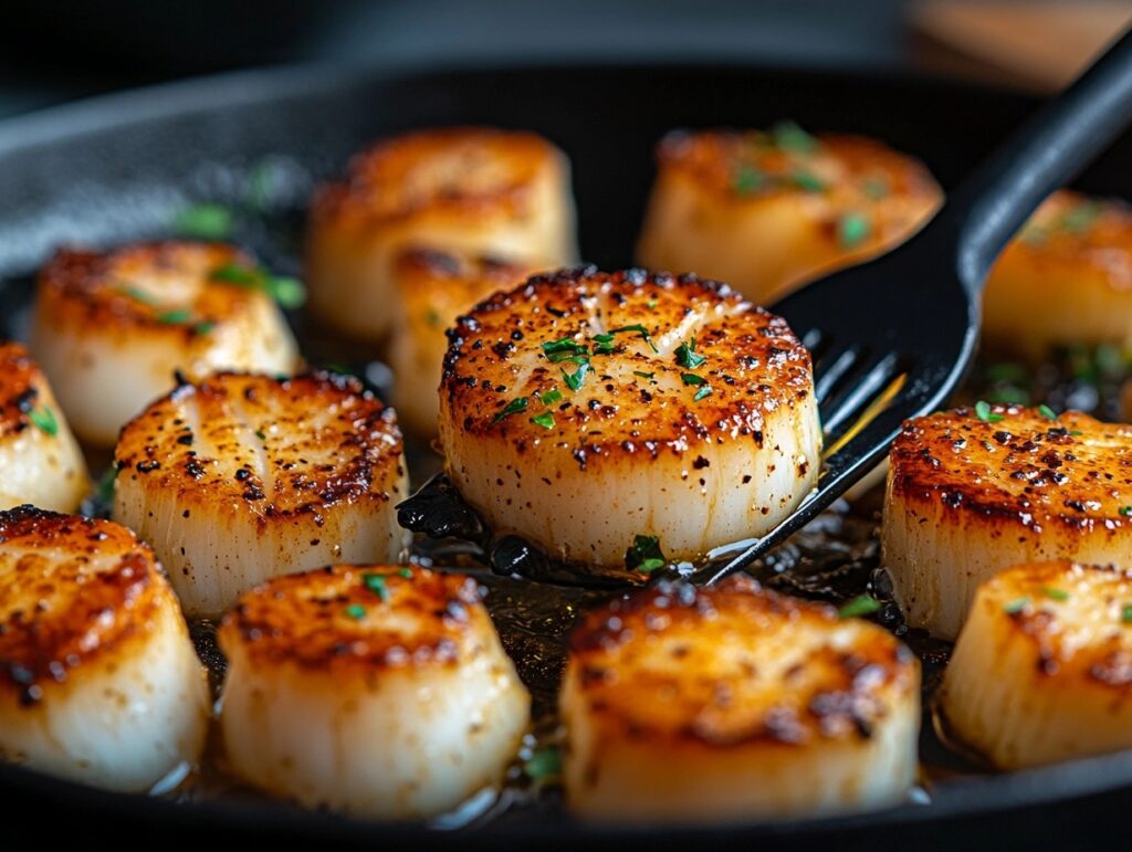 Searing sous vide scallops in a hot pan for a crispy crust