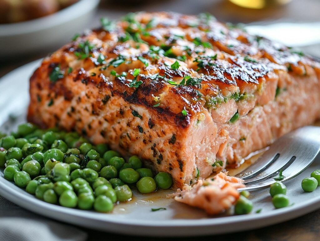  Sliced salmon loaf with creamed peas on a plate.