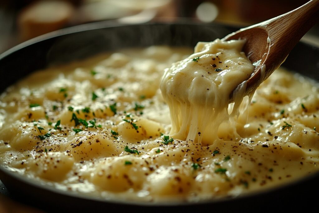  Smooth and creamy cheese sauce being stirred for mac and cheese.