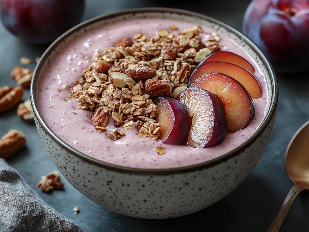 A smoothie bowl made with plum milk, granola, and fresh plums.