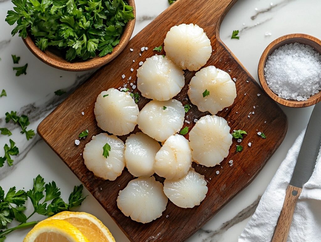 Fresh sea scallops arranged on a wooden cutting board with a knife and seasoning.