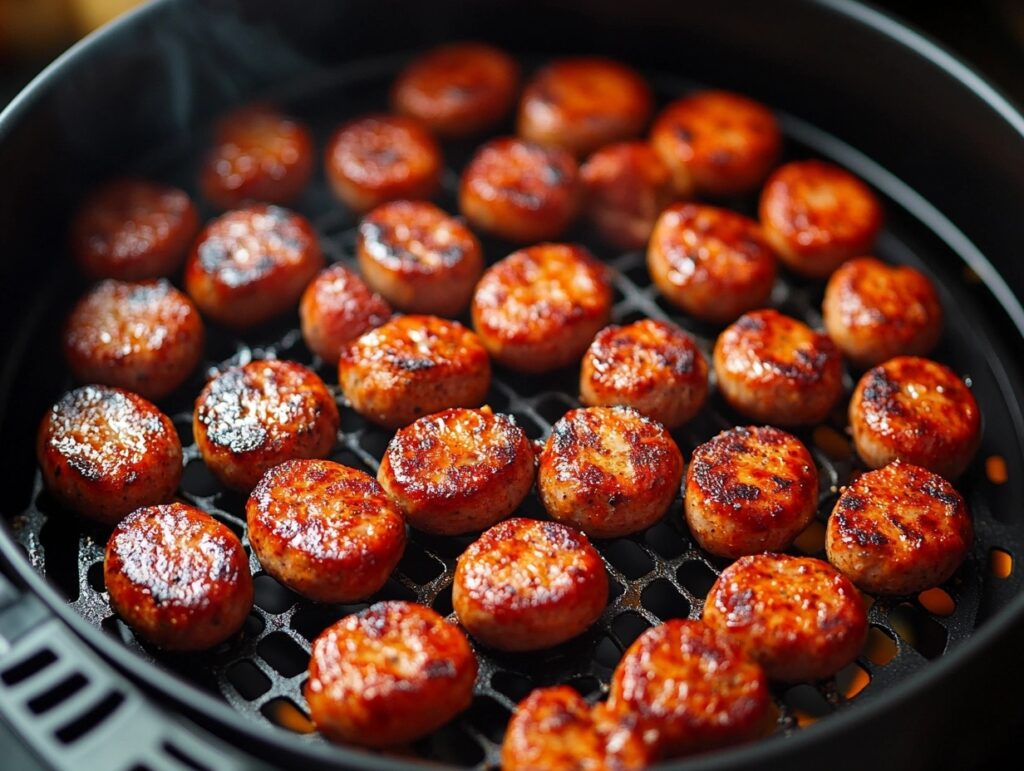 Uncooked sausage patties arranged in an air fryer basket.