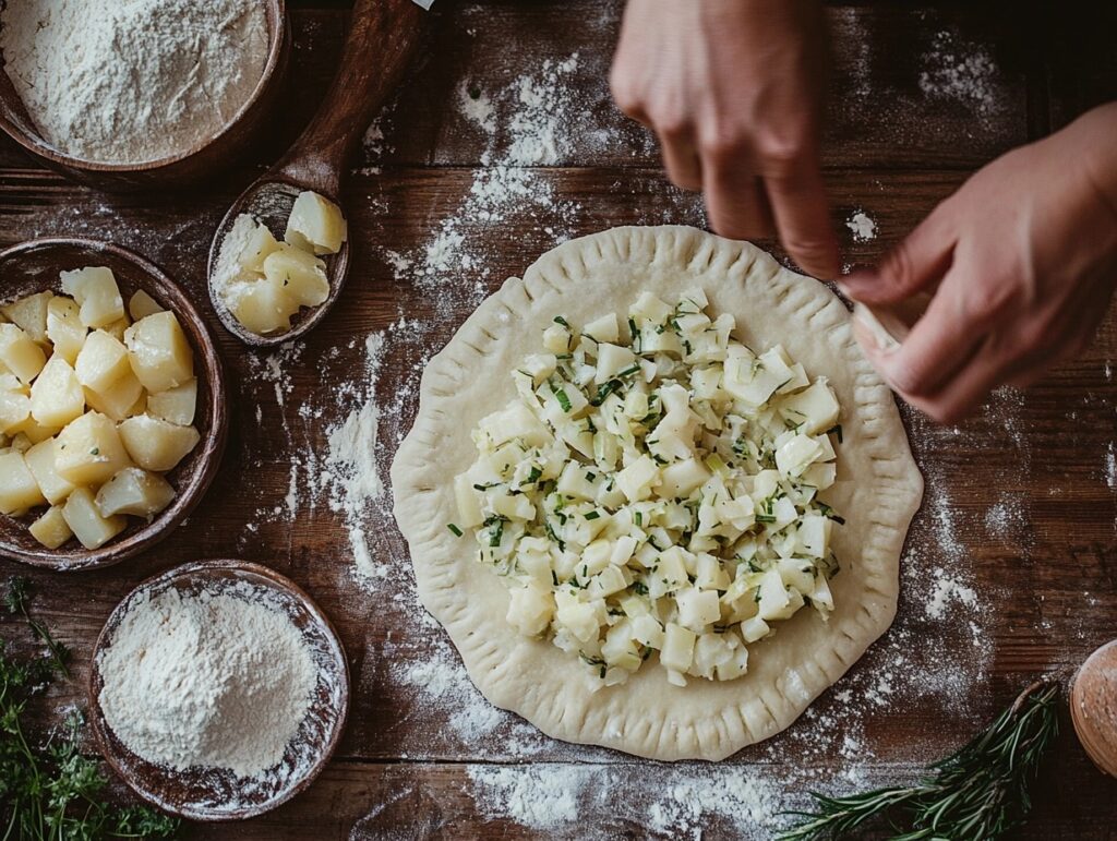 Handmade leek pasties being prepared with fresh ingredients.