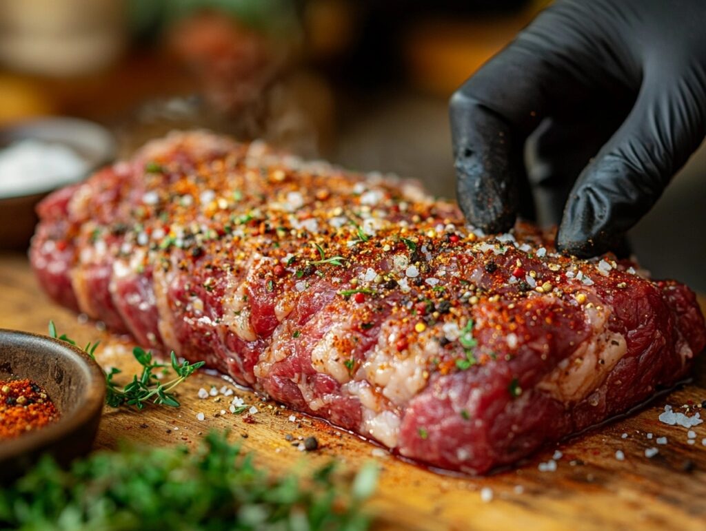 Seasoning a raw beef chuck roast with a dry rub.