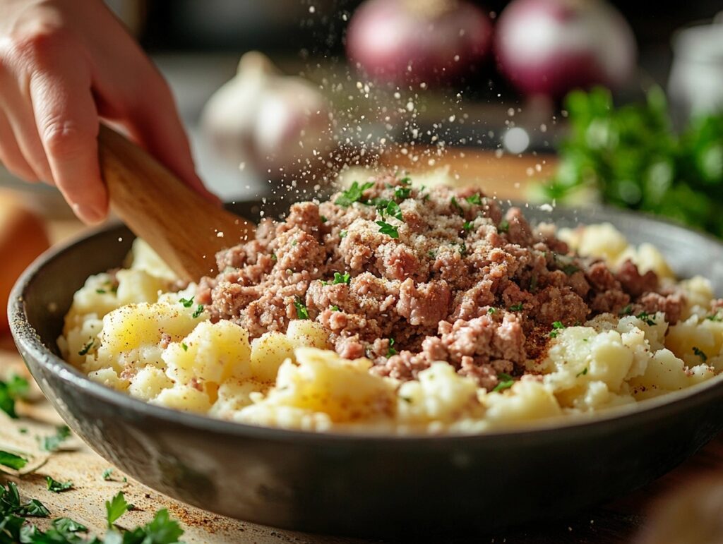 Mixing ground beef and seasonings for cowboy meatloaf