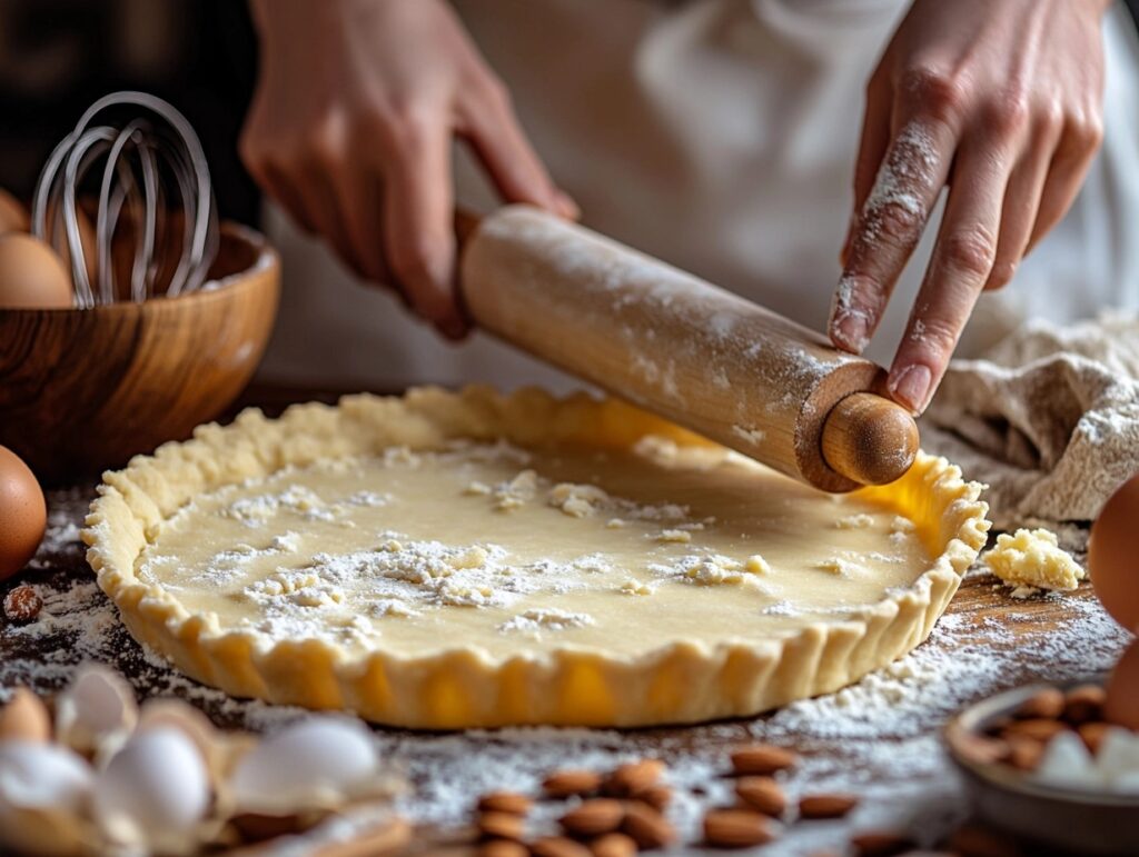  Rolling out shortcrust pastry for a fig and frangipane tart.