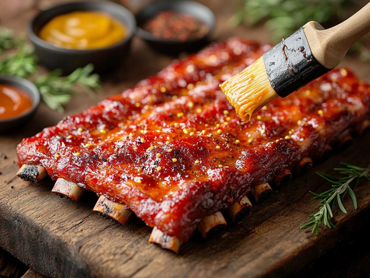 Raw pork ribs being coated with yellow mustard before seasoning.