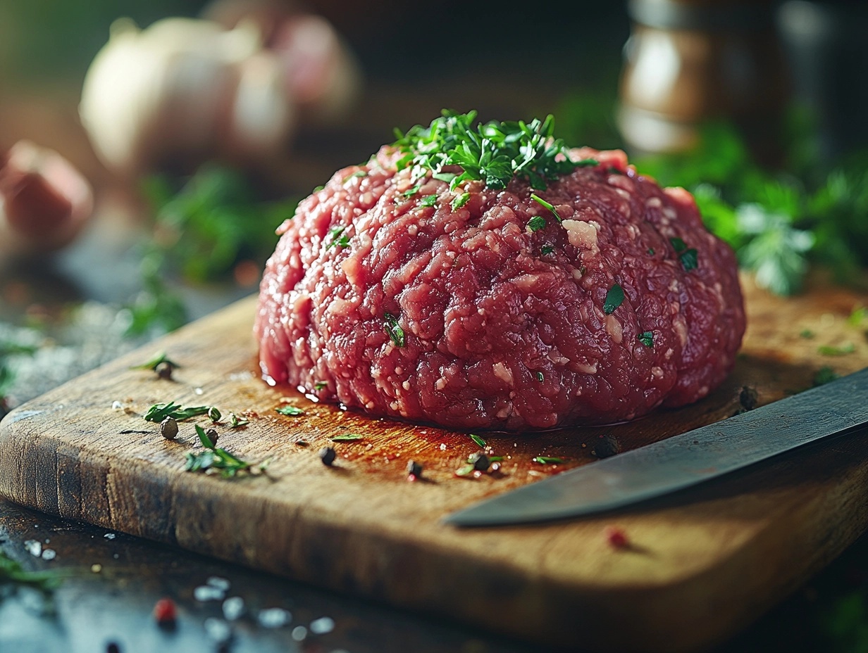 Fresh raw ground beef on a cutting board with herbs