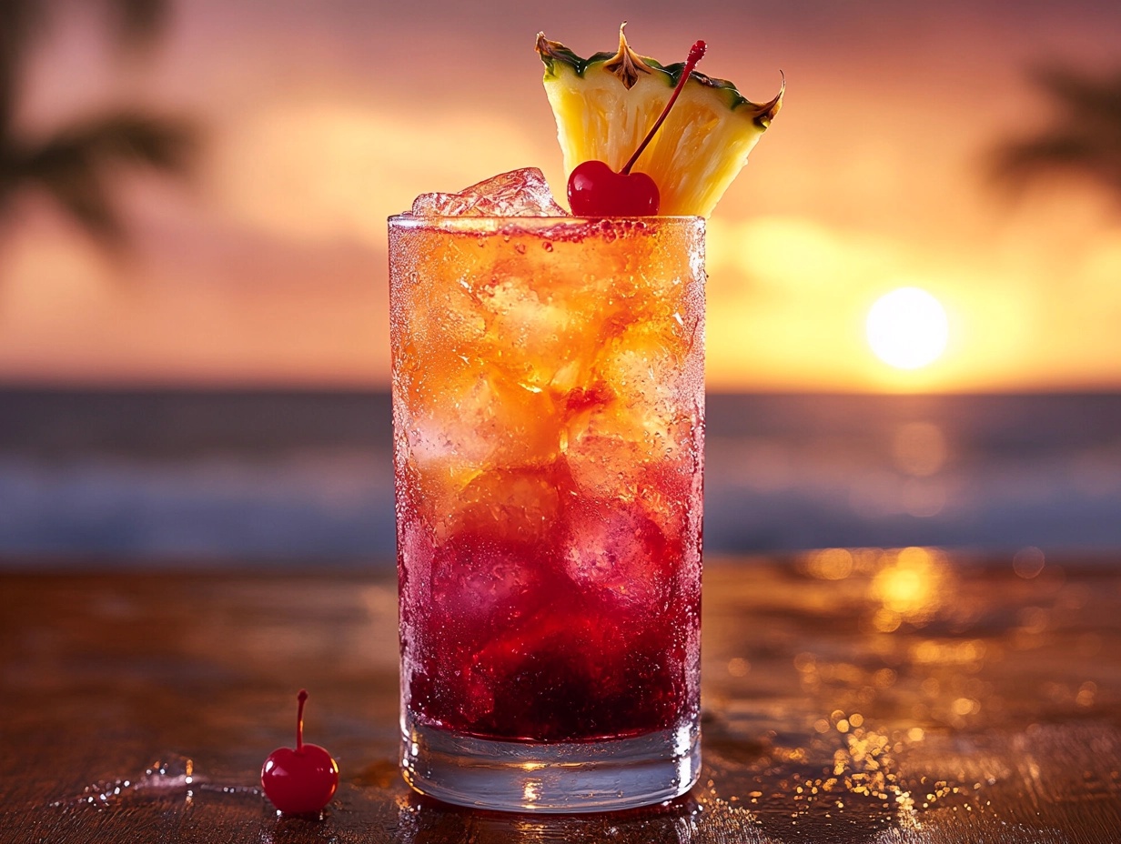 Malibu Bay Breeze cocktail with pineapple and cherry garnish