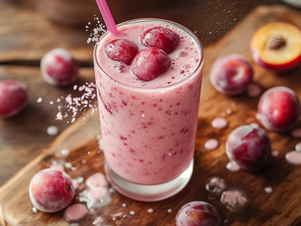 Ingredients for making homemade plum milk on a kitchen counter.