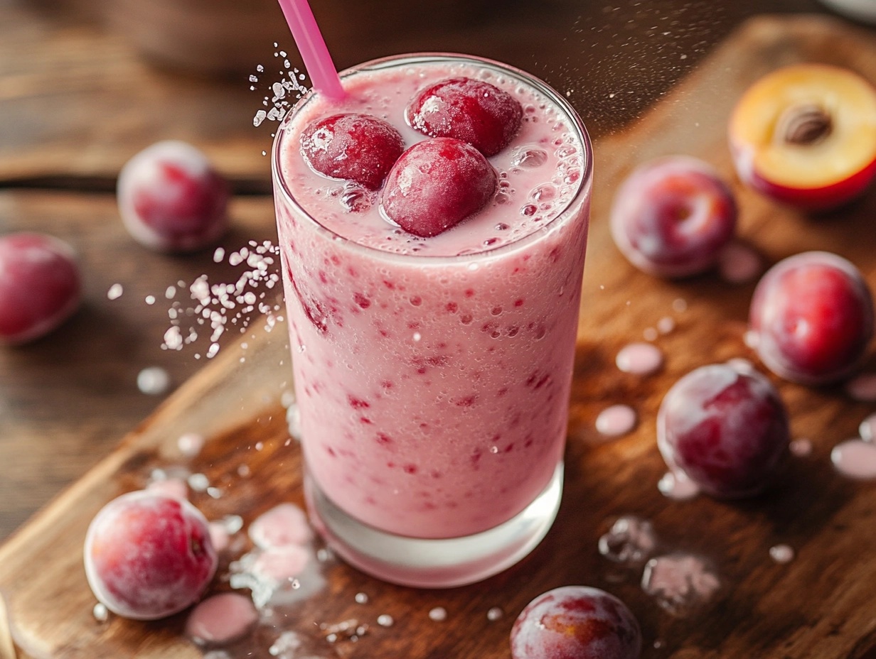 A glass of fresh plum milk with whole plums on a wooden table.