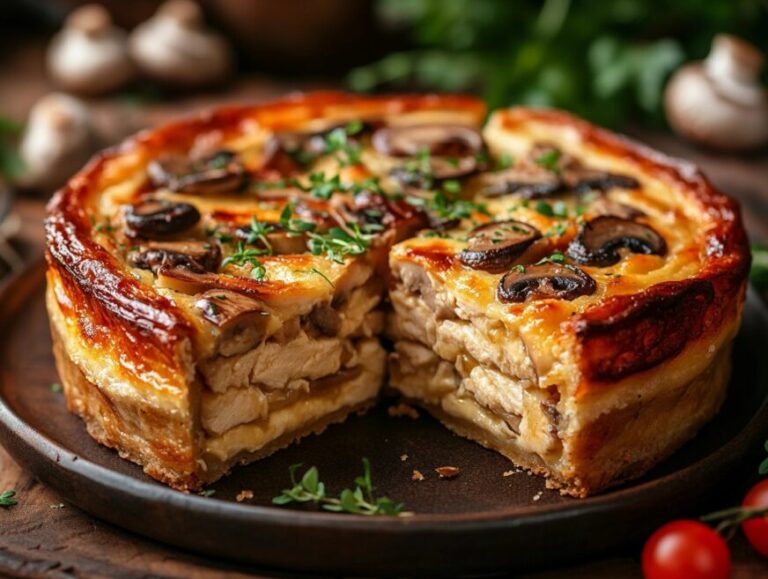 A golden-brown fricassee cake sliced to reveal its creamy chicken filling.