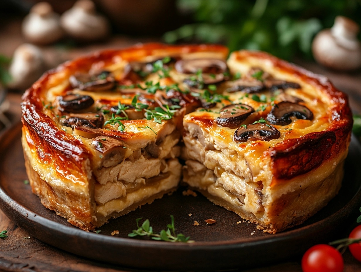 A golden-brown fricassee cake sliced to reveal its creamy chicken filling.