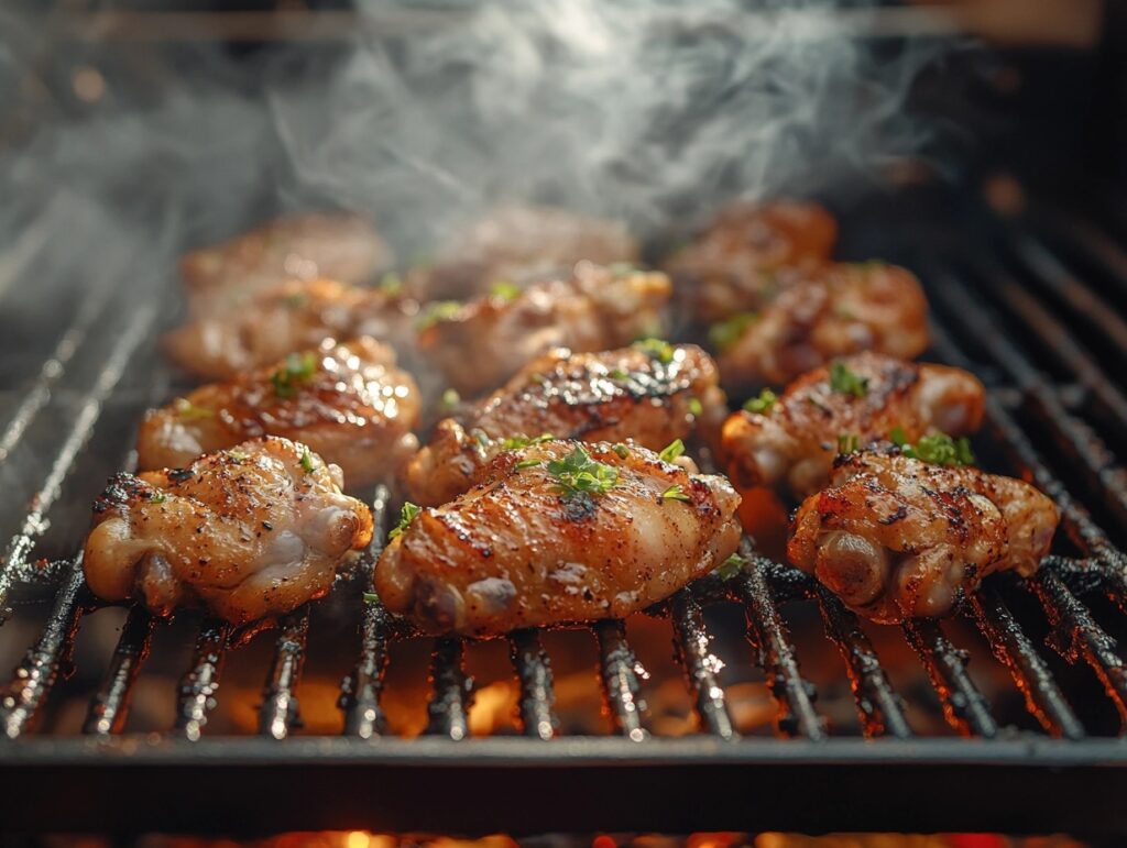 Seasoned chicken wings placed into an electric smoker with wood chips.