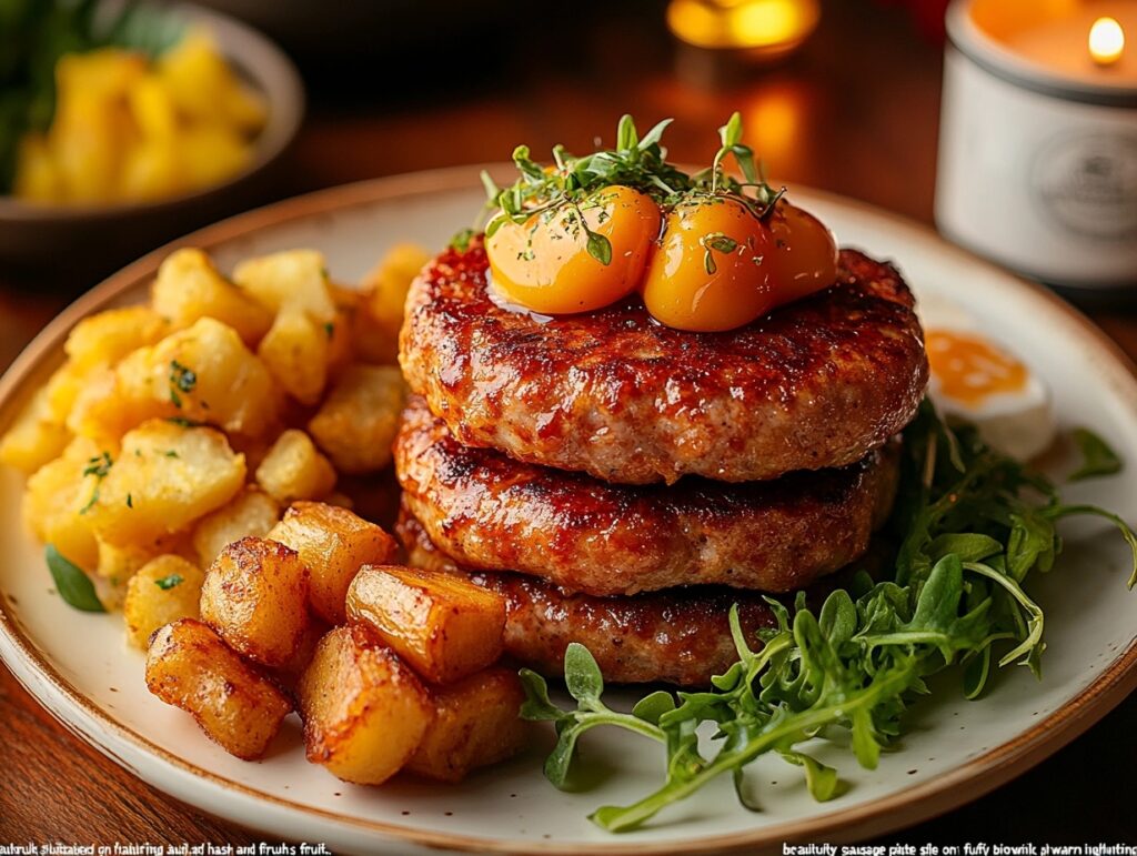 Air fryer sausage patties stacked on biscuits with hash browns and fruit.