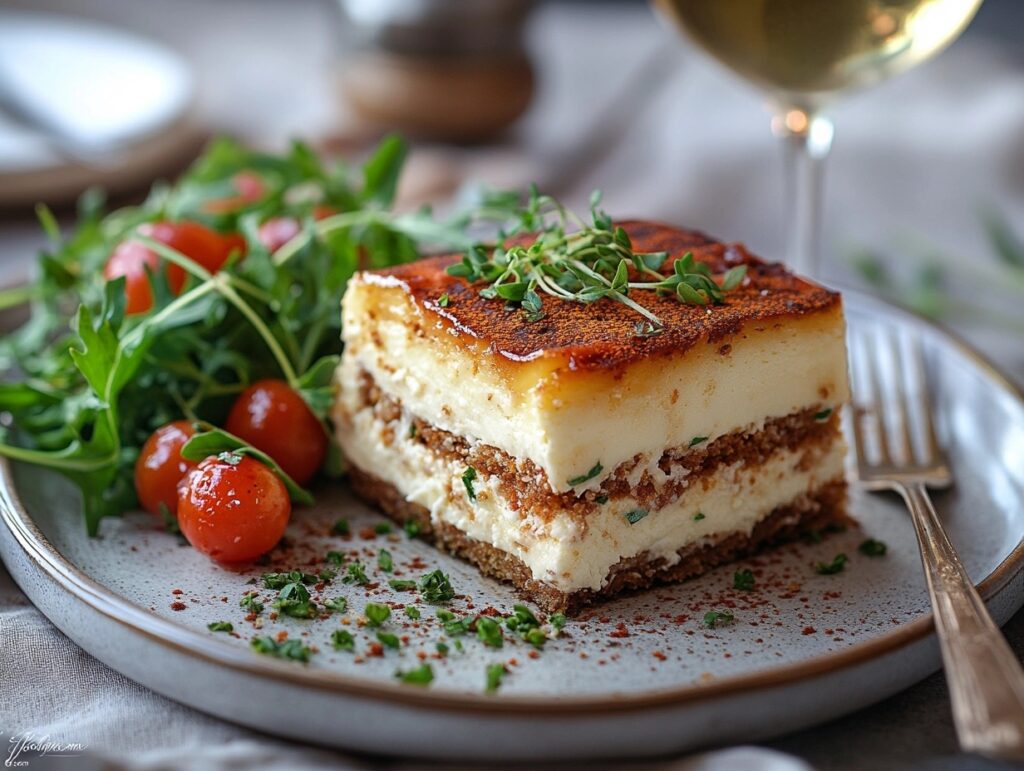 A plated slice of fricassee cake with a side salad and white wine.