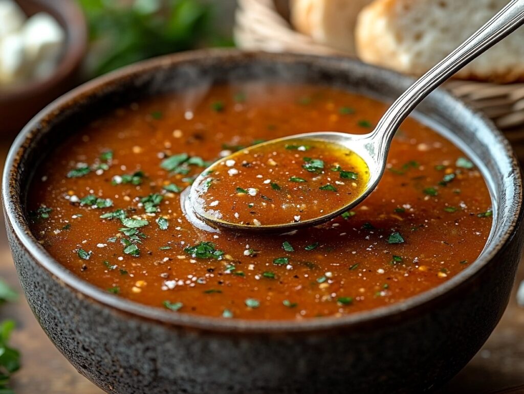 A spoon lifting creamy Mediterranean tomato soup.