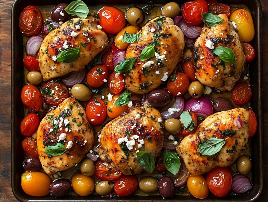 Sheet-pan Mediterranean chicken and vegetable meal with feta and herbs.