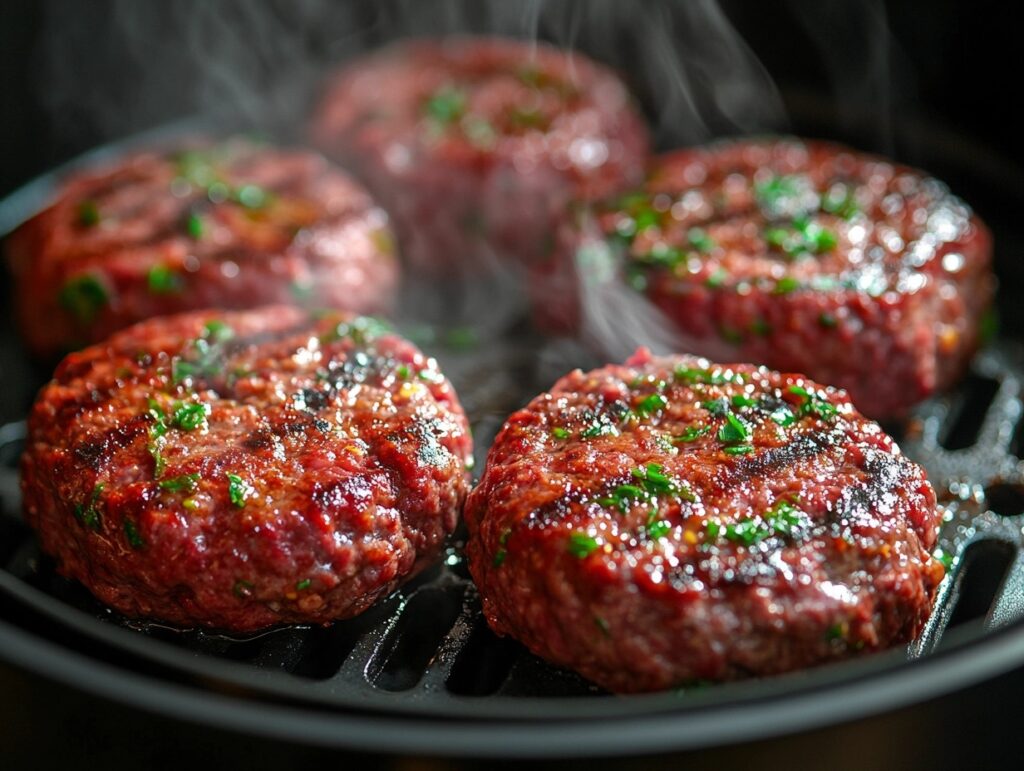 A beef patty being smashed inside an air fryer basket.
