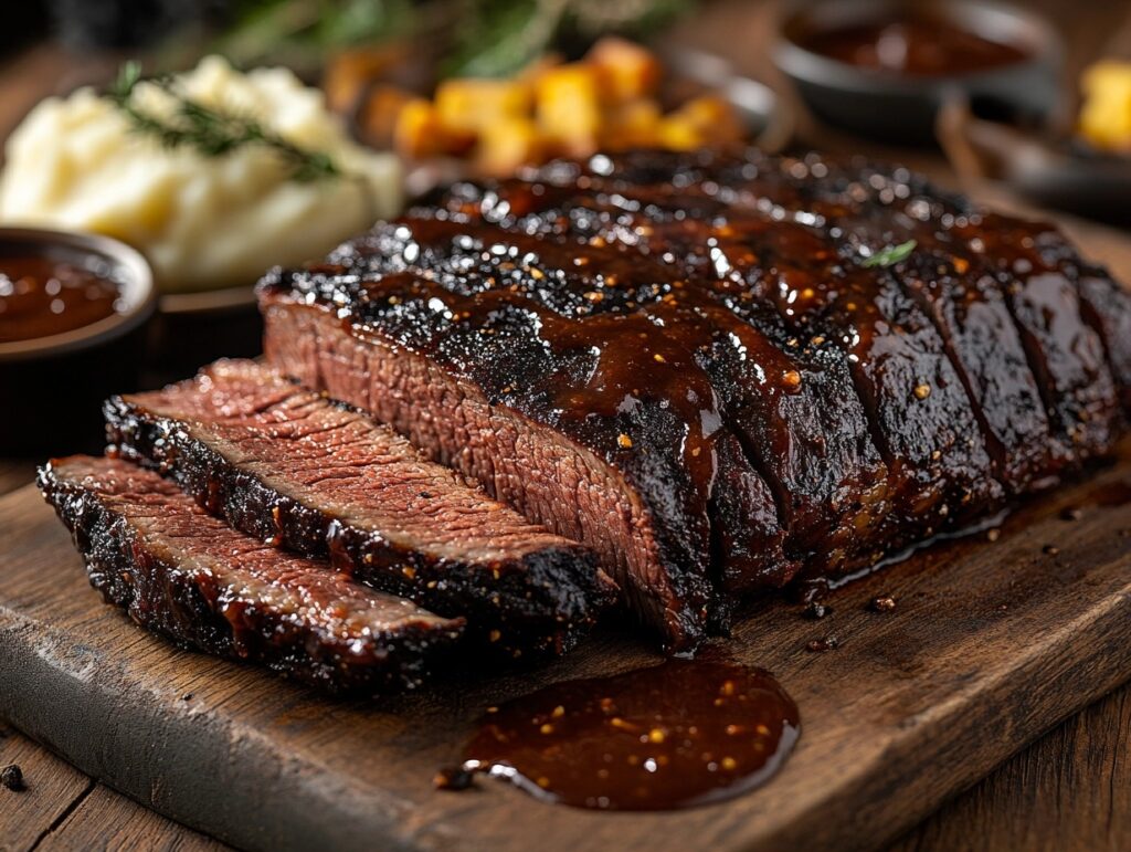 Sliced smoked beef chuck roast with BBQ sauce.