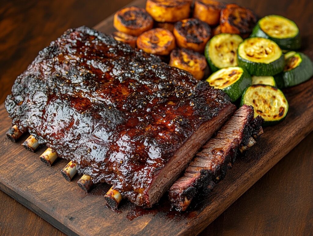 Smoked beef brisket and pork ribs with vegetables on a cutting board.