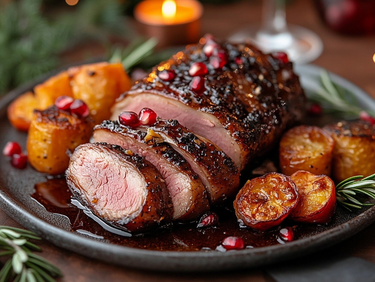 Smoked duck breast served on a festive holiday table