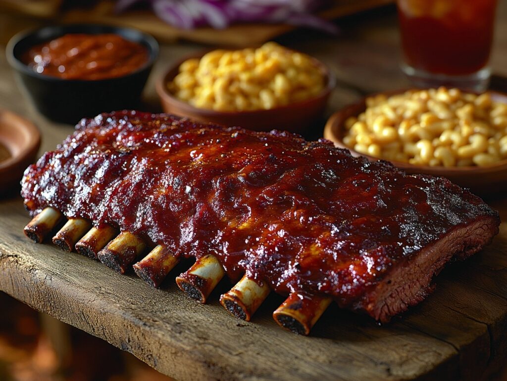 Perfectly smoked mustard-coated ribs sliced and ready to serve.