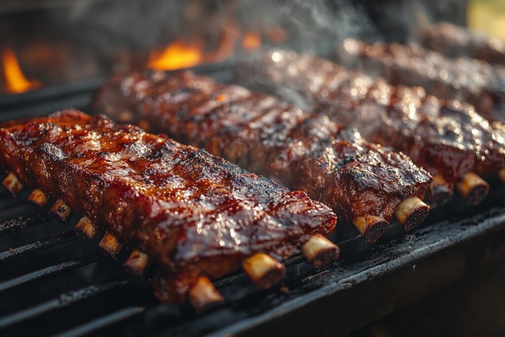 Beef plate ribs smoking in a wood-fired smoker.