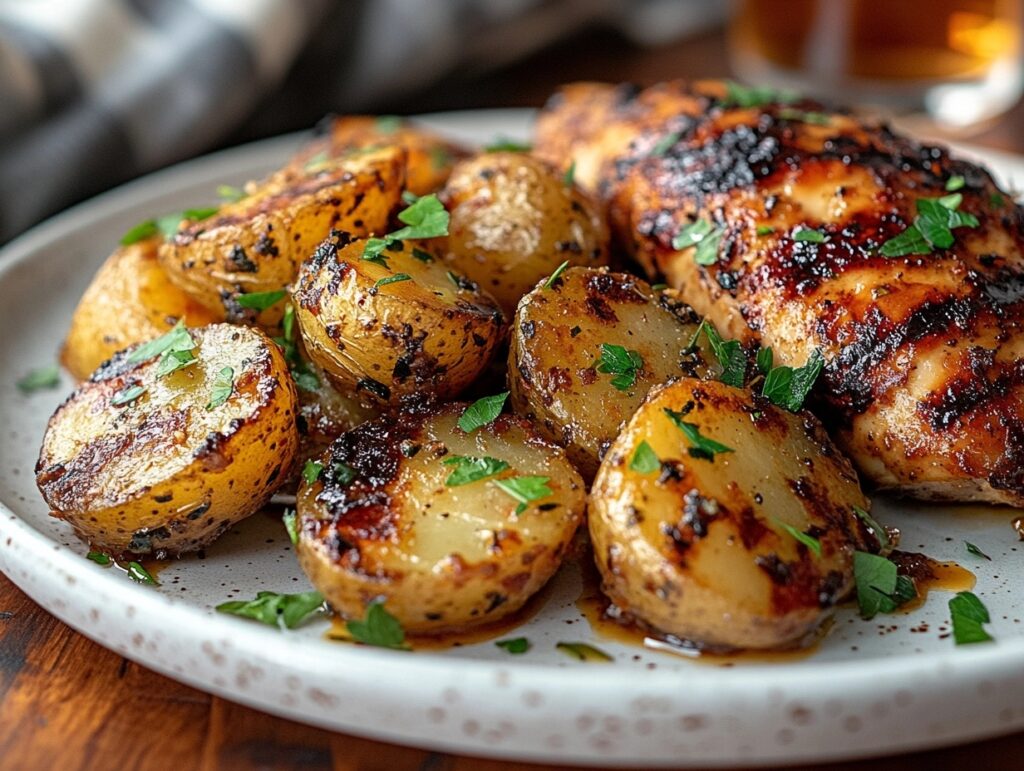 A serving of smothered potatoes with grilled chicken on a rustic plate.