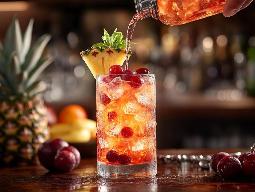 Bartender making a Malibu Bay Breeze with coconut rum, pineapple, and cranberry juice