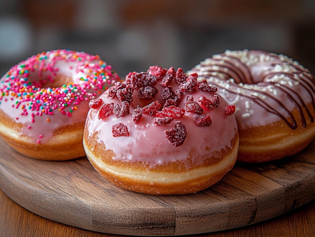 Different variations of strawberry frosted donuts from bakeries.