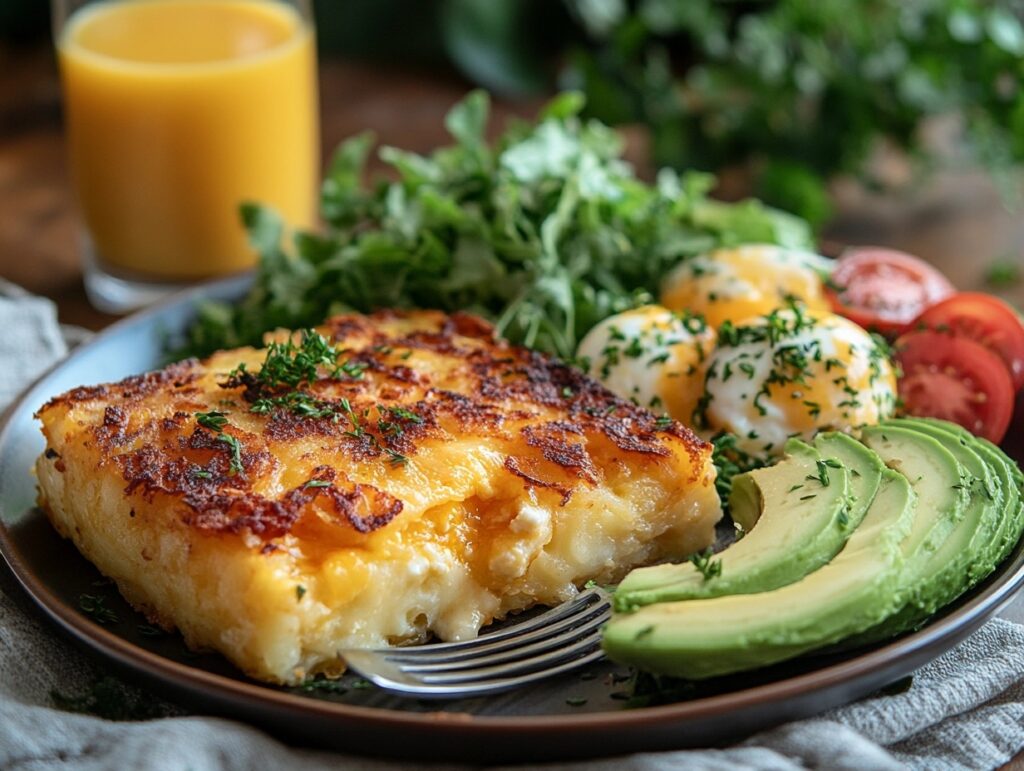 Lunch plate with stuffed hash browns, avocado, and eggs