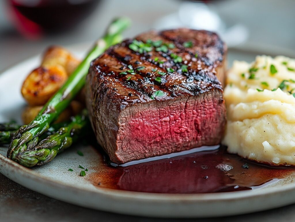 Sliced T-bone beef steak served with mashed potatoes and asparagus