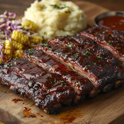 Smoked beef plate ribs served with sides.