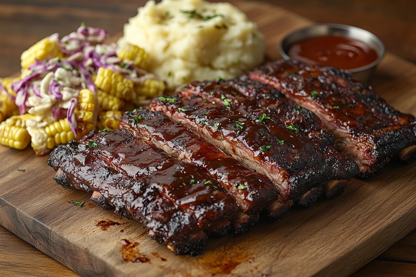 Smoked beef plate ribs served with sides.