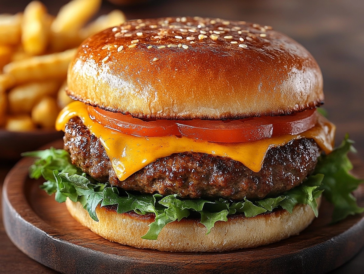 Air fryer smash burger with melted cheddar cheese and crispy fries.