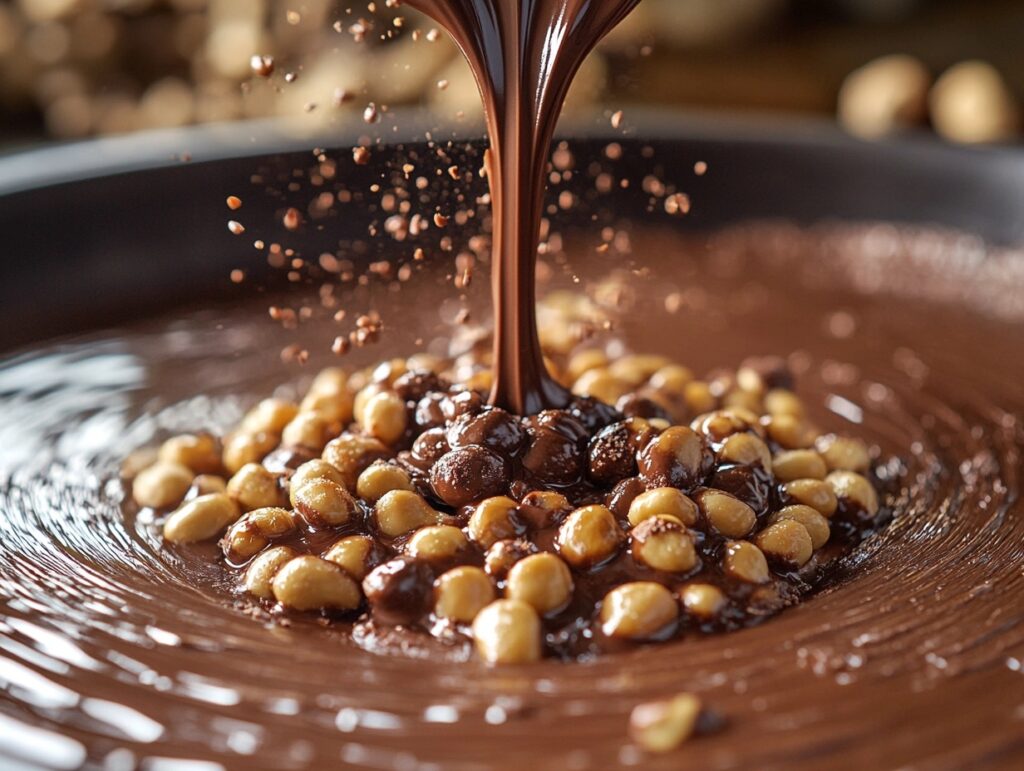 Peanuts being coated in melted chocolate.